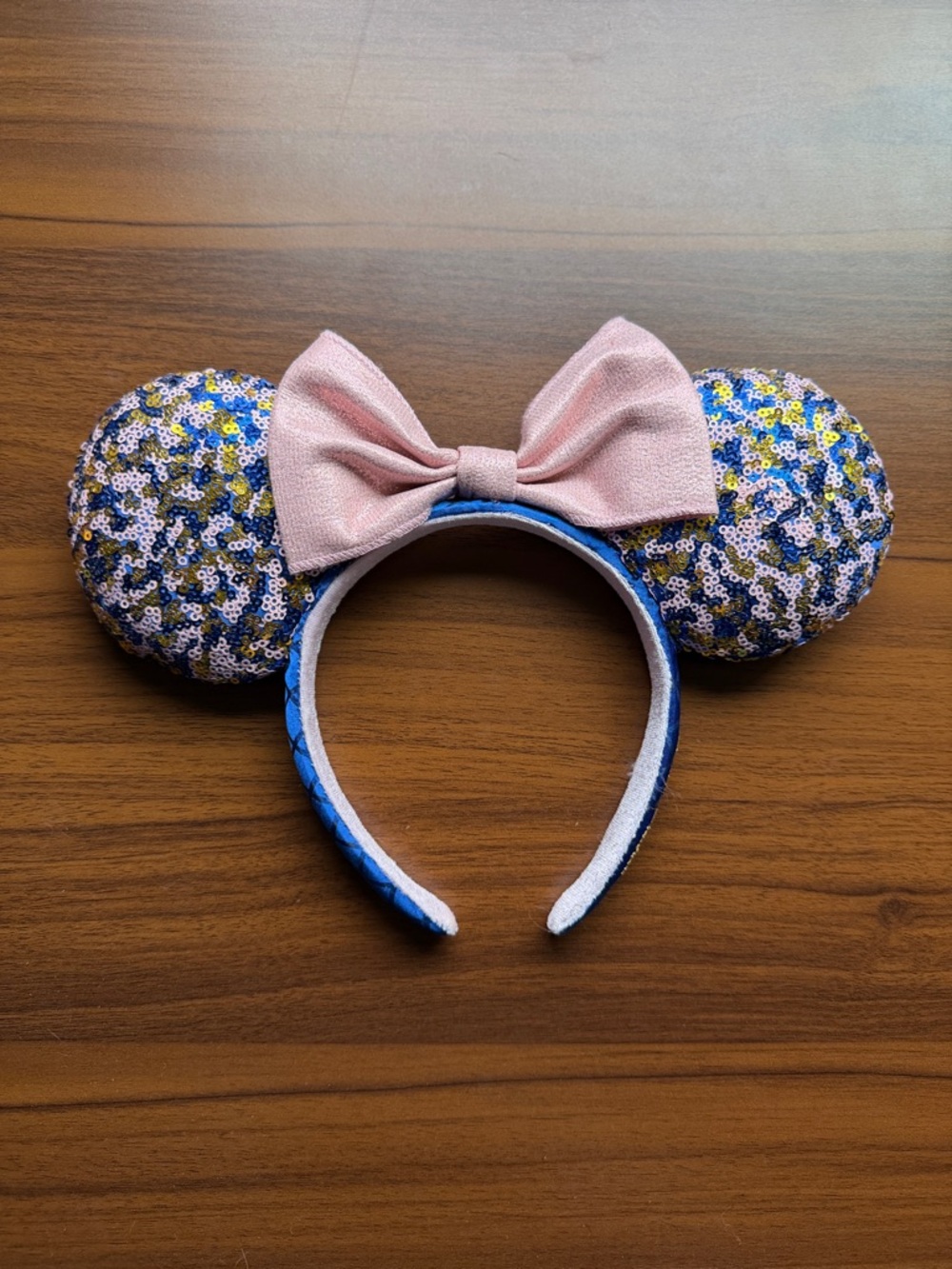 Disneyland Resort Minnie Ears Rose Gold Bow Blue Sequin Ears Headband